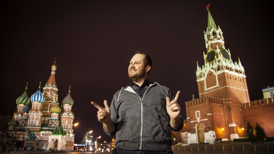 Brian Johnston in Red Square, Moscow, at night during the Sochi Games